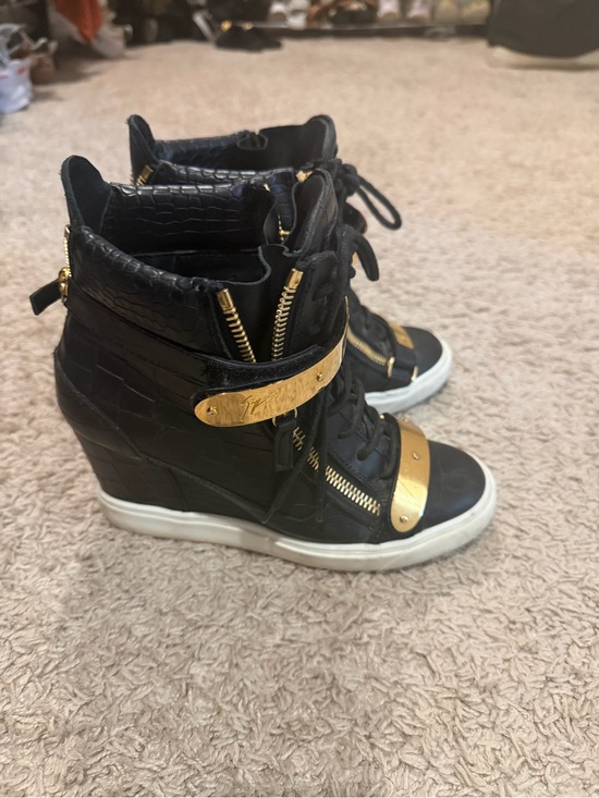 Giuseppe Zanotti Shoes - Giuseppe Zanotti Black Wedge High-Top Sneakers with Gold Hardware